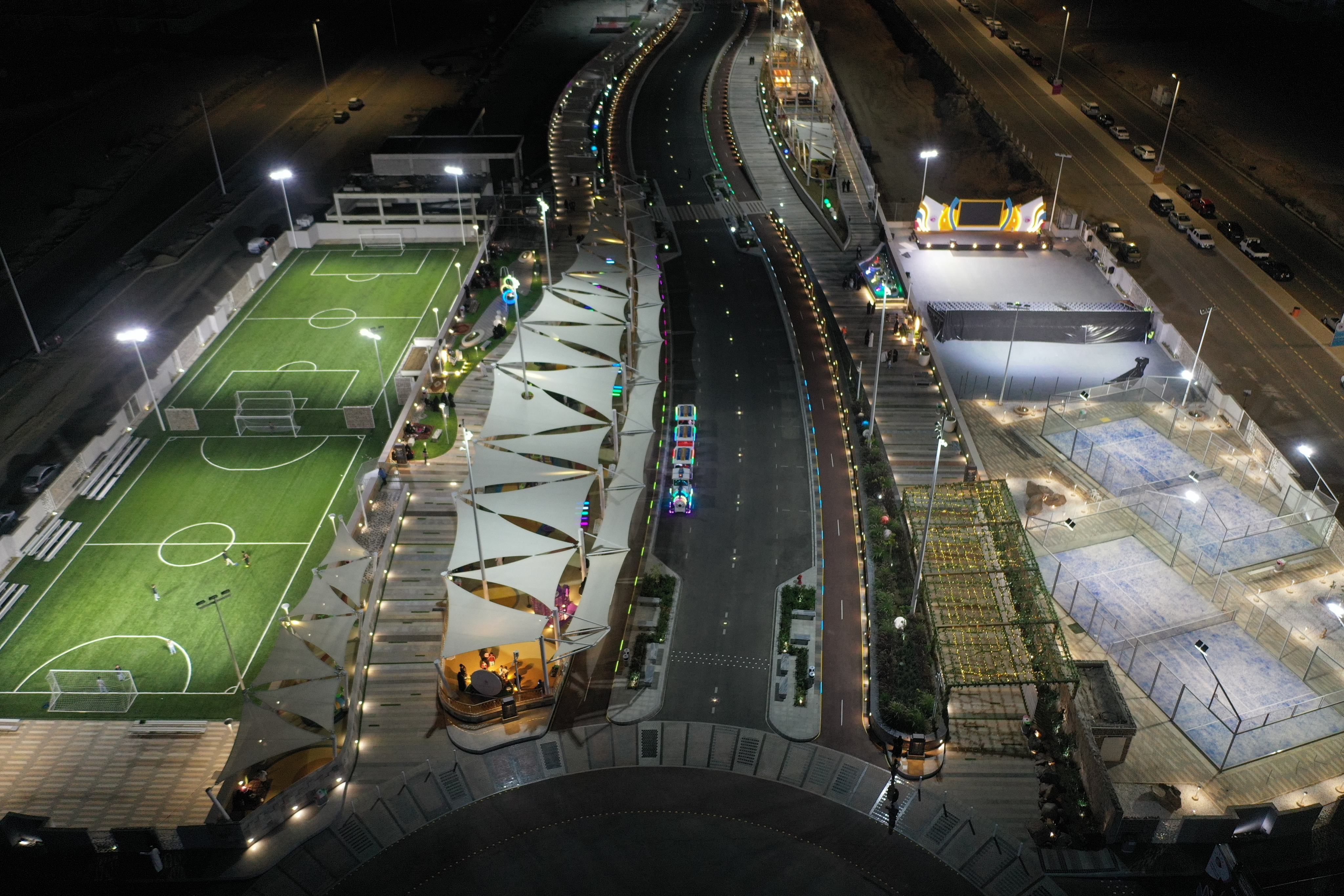 Aerial view of sports complex at night