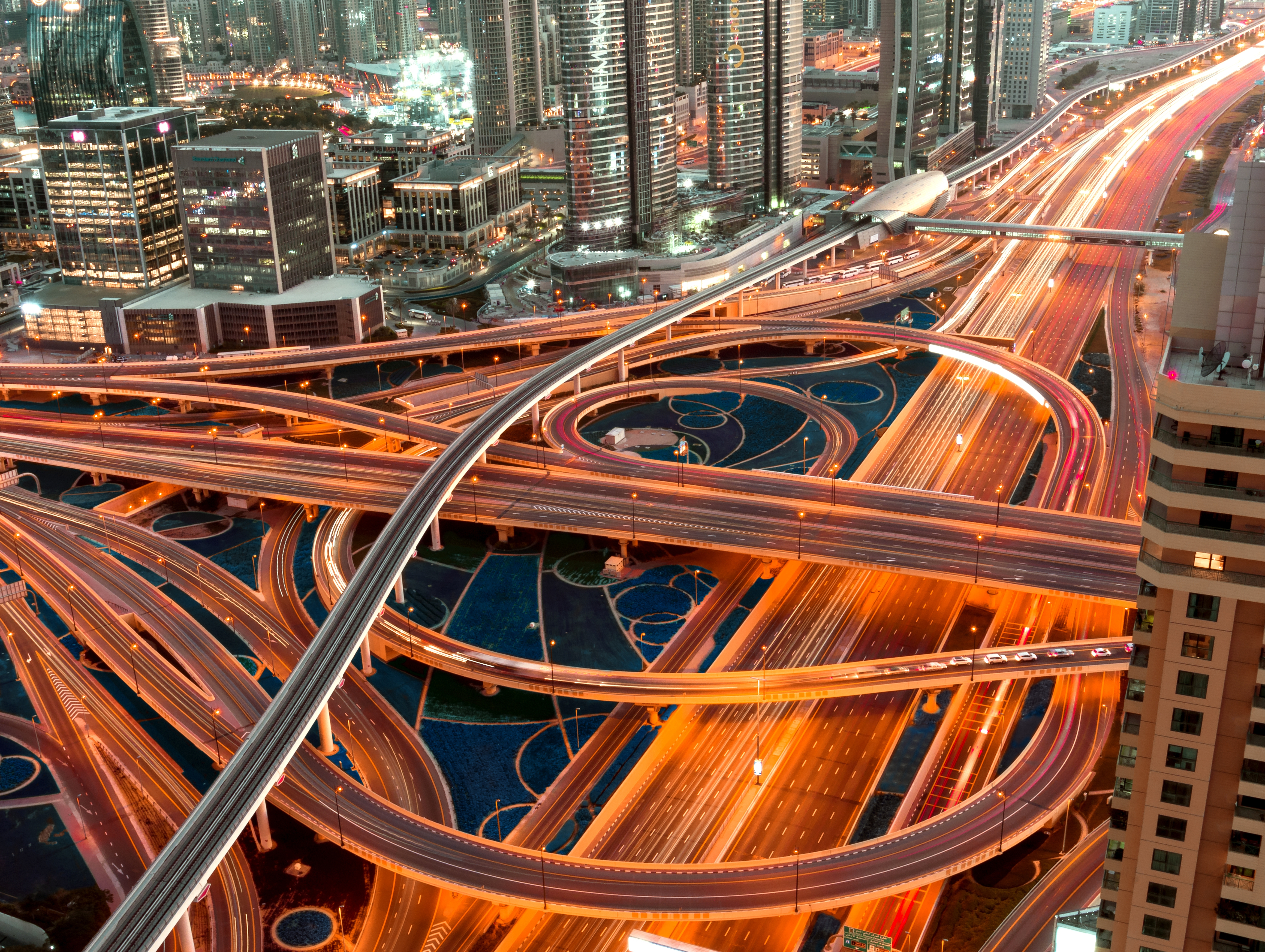 Illuminated highway with multilevel intersections