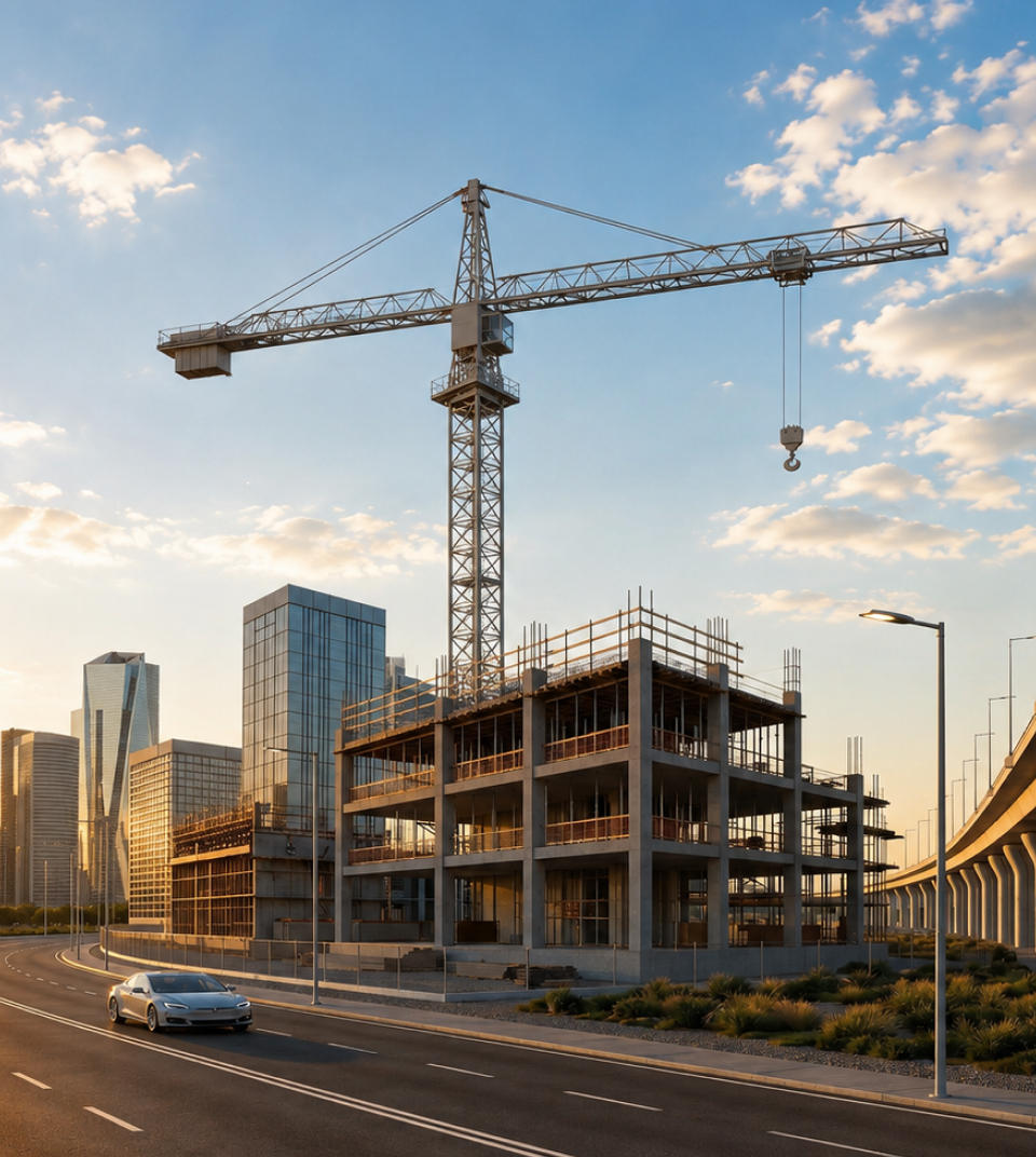 Construction site with tower crane and modern city skyline