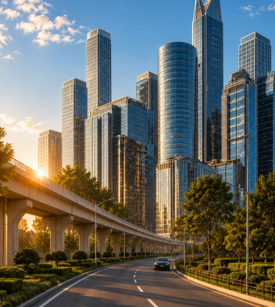 Modern sustainable city with glass towers and transit infrastructure