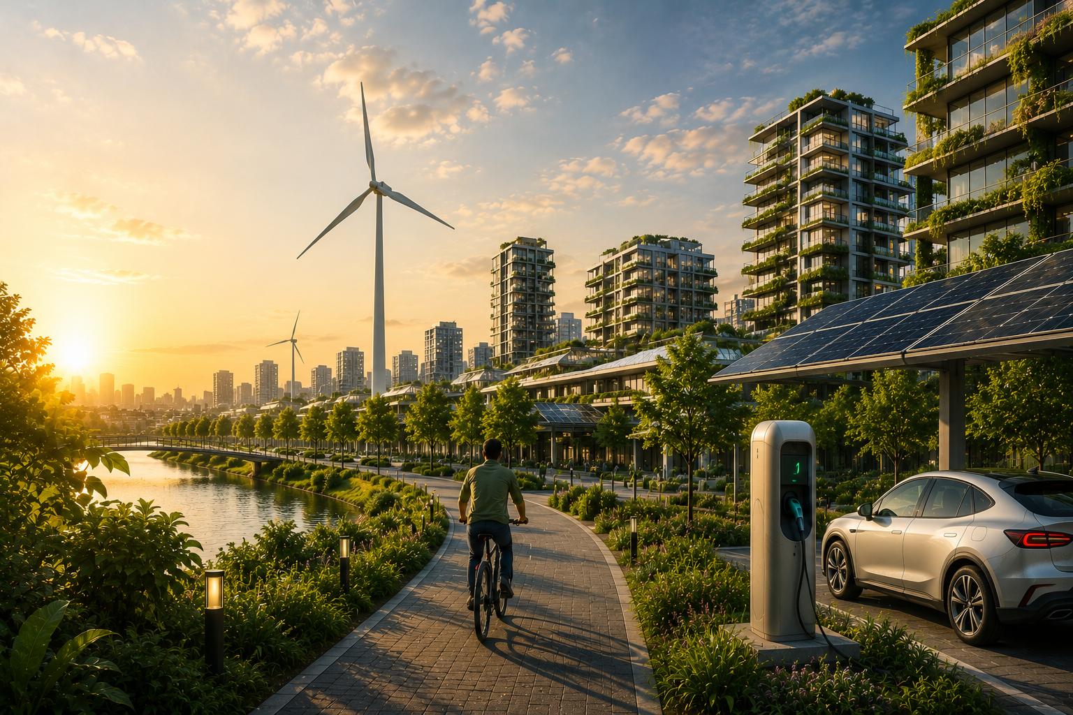 Sustainable city with solar panels, wind turbines, and electric vehicle charging at sunset