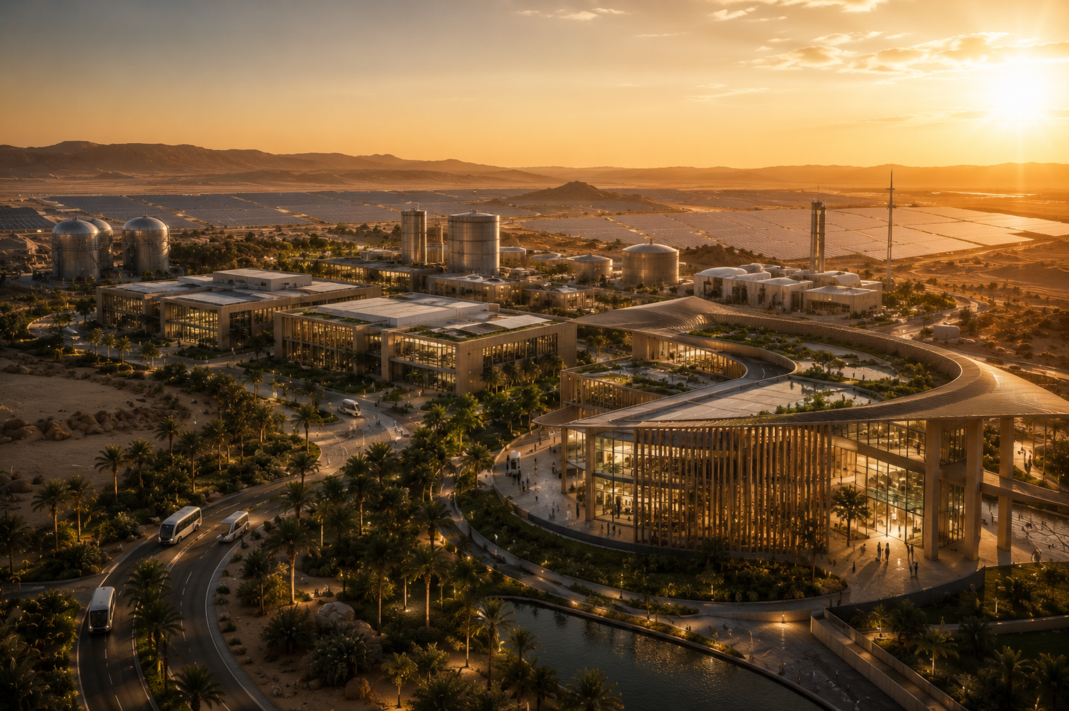 Aerial view of a modern sustainable industrial campus with solar fields in a desert landscape