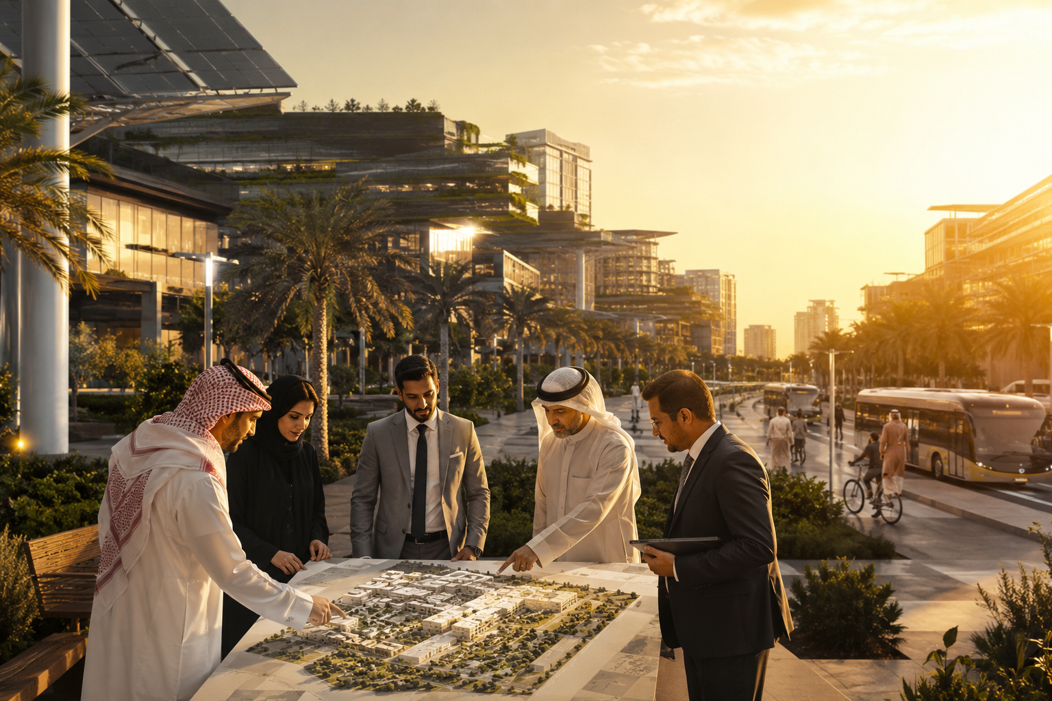 Construction professionals reviewing plans at a sustainable building site