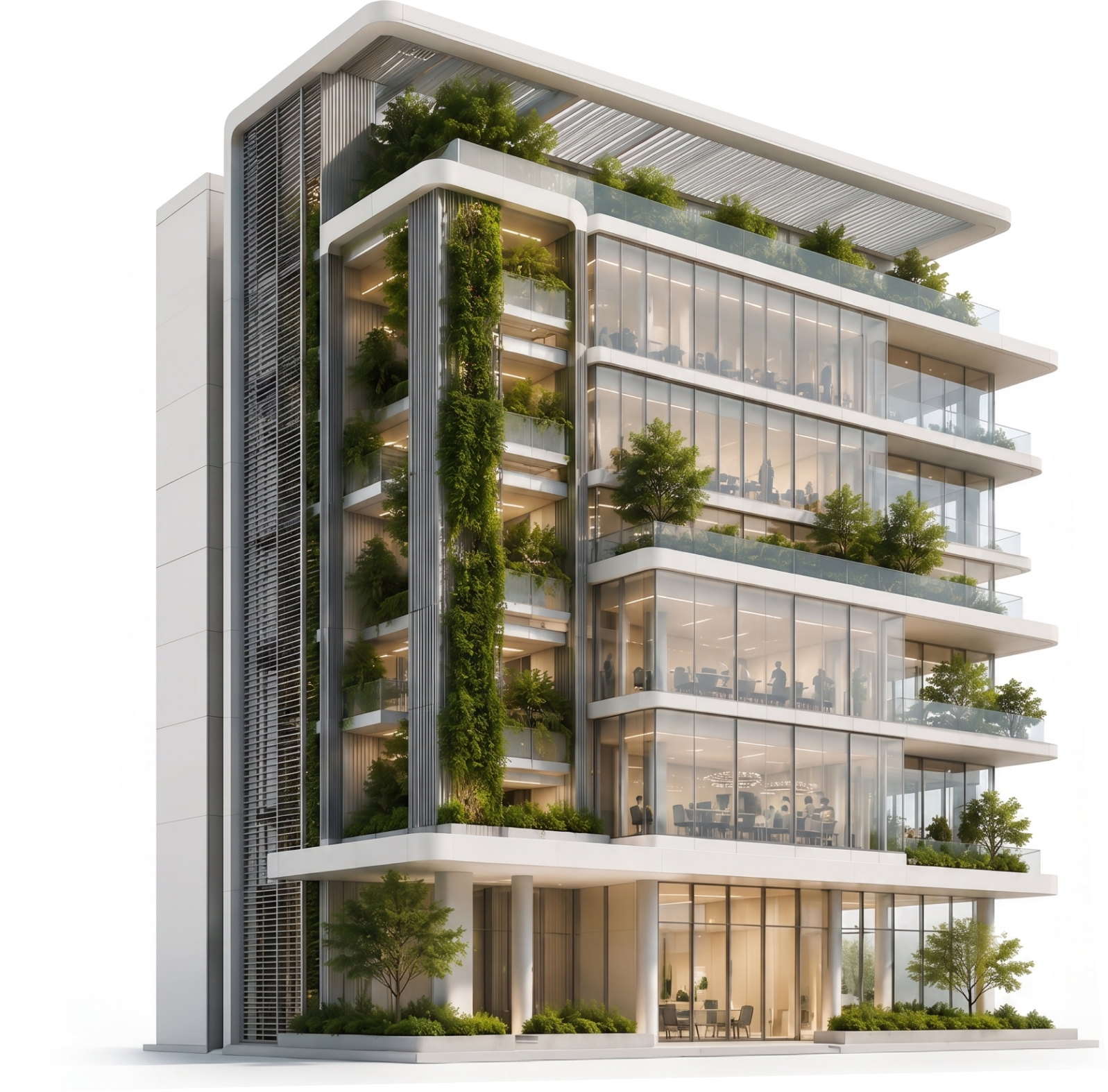 Modern sustainable office building with integrated greenery
